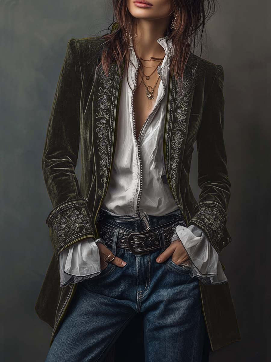 Vintage Navy Polyester Velvet Embroidered Long Jacket