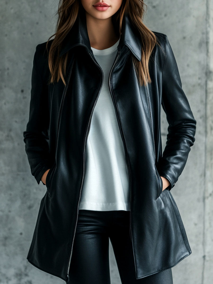 Women Simple Lapel Solid Color Faux Leather Jacket