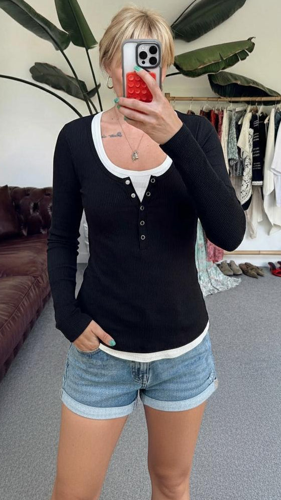 Black White Trimmed Collar & Hem Long Sleeve Top