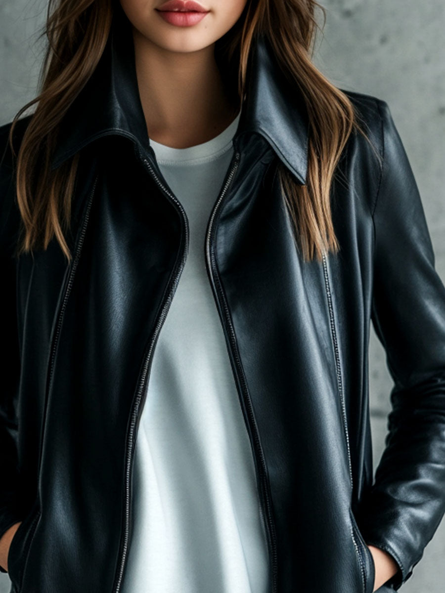 Women Simple Lapel Solid Color Faux Leather Jacket
