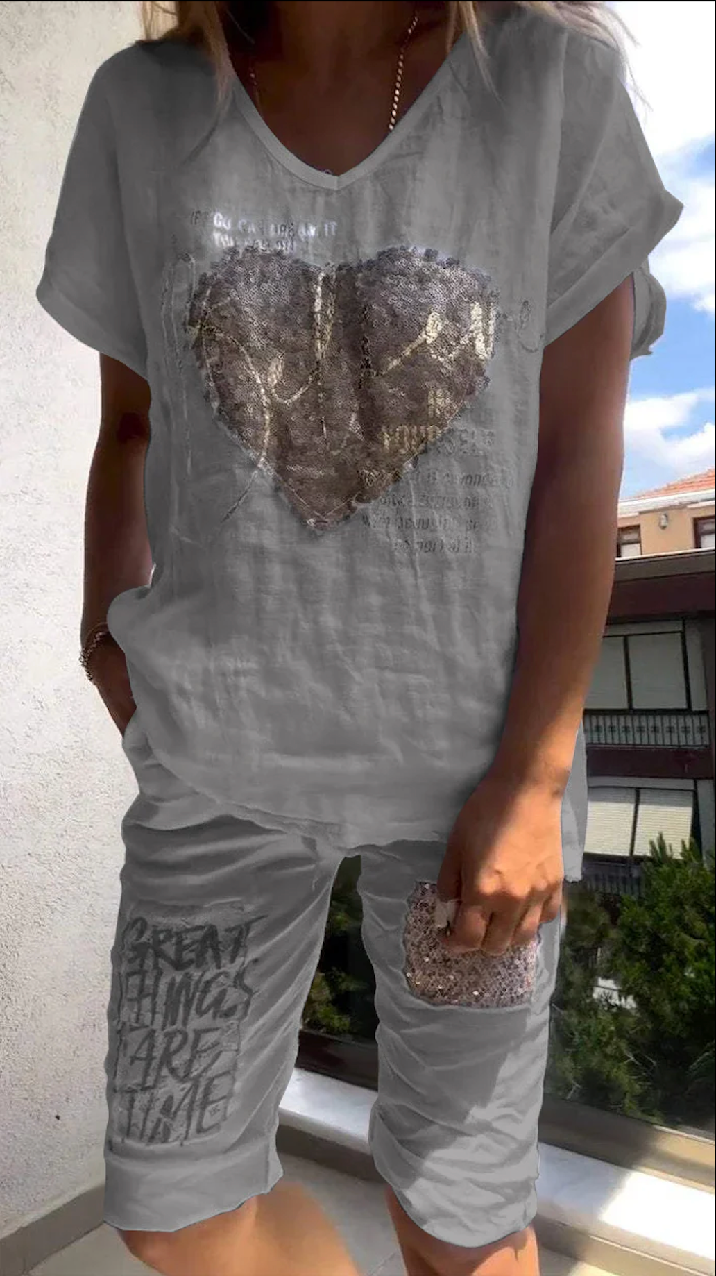 Anitra - Casual Two Piece V-Neck Set with Gold Embossed