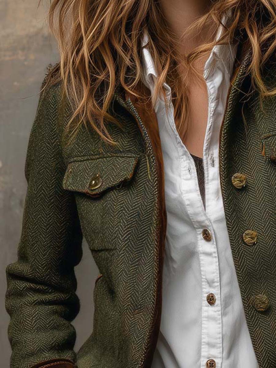 Vintage Herringbone Tweed Blazer With Velvet Trim