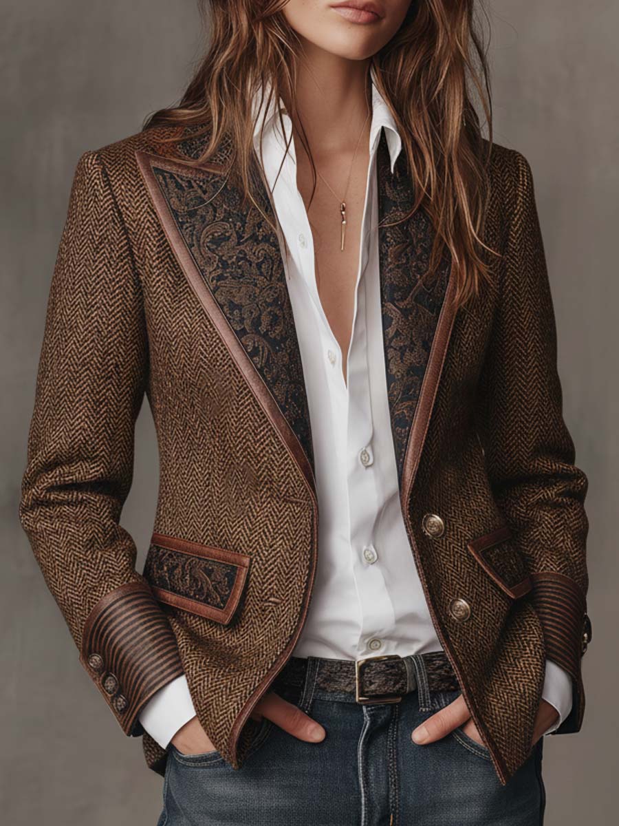 Herringbone Tweed Blazer With Printed Panels