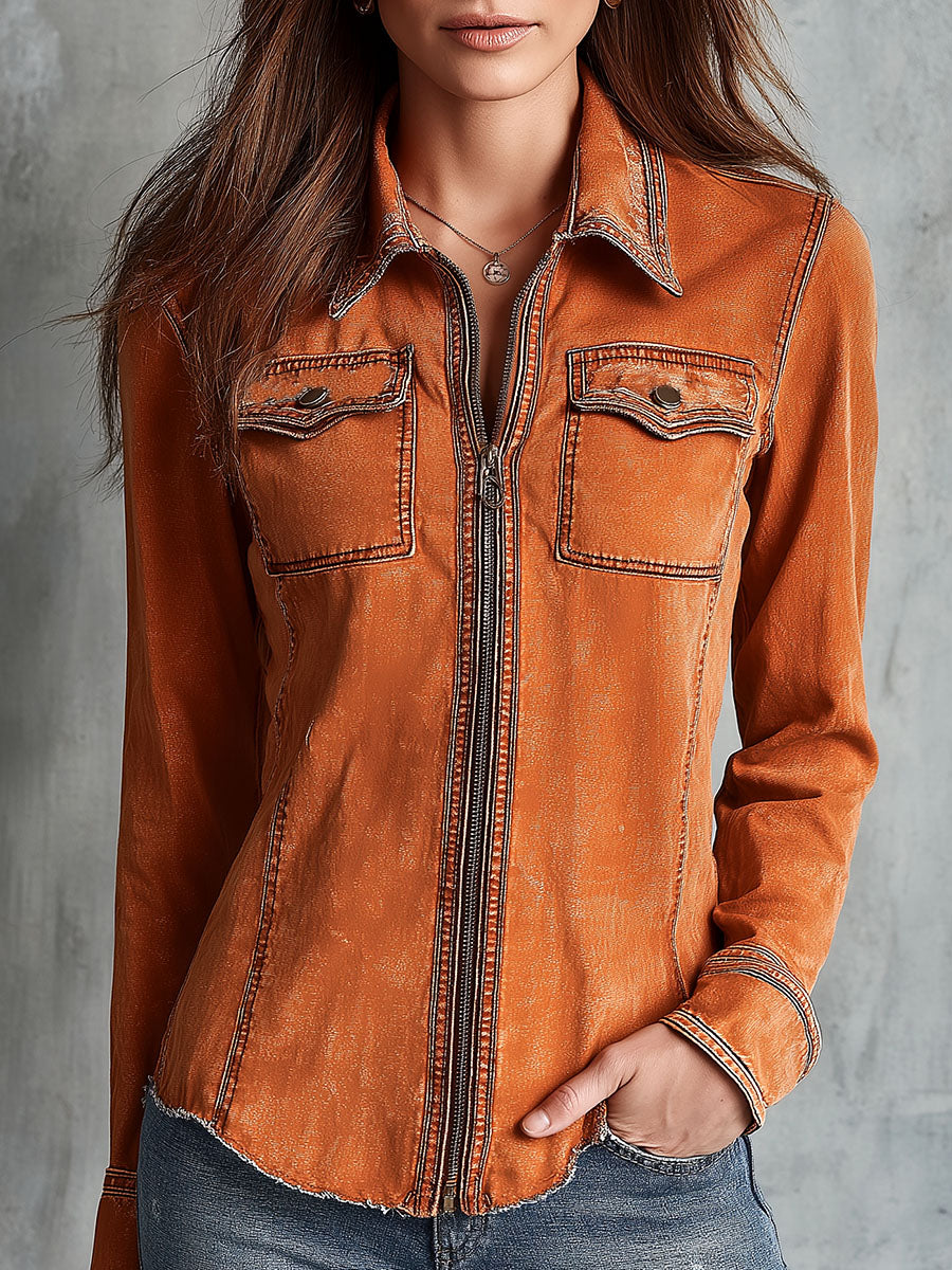 Vintage Burnt Orange Utility Zip Denim Jacket