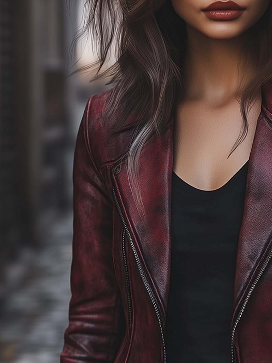 Women's Vintage Jacket Zipper Pocket Faux Leather Jacket