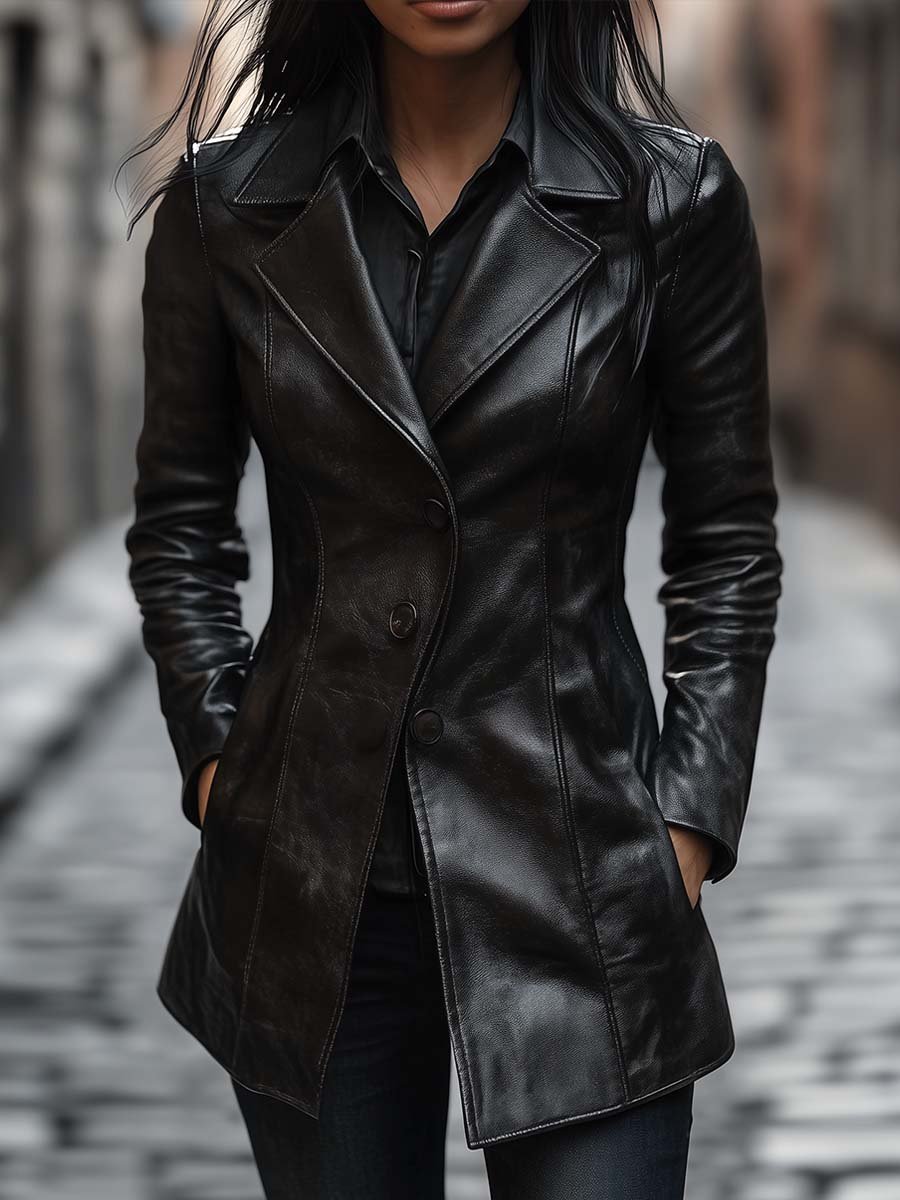 Vintage Lapel Button Faux Leather Jacket