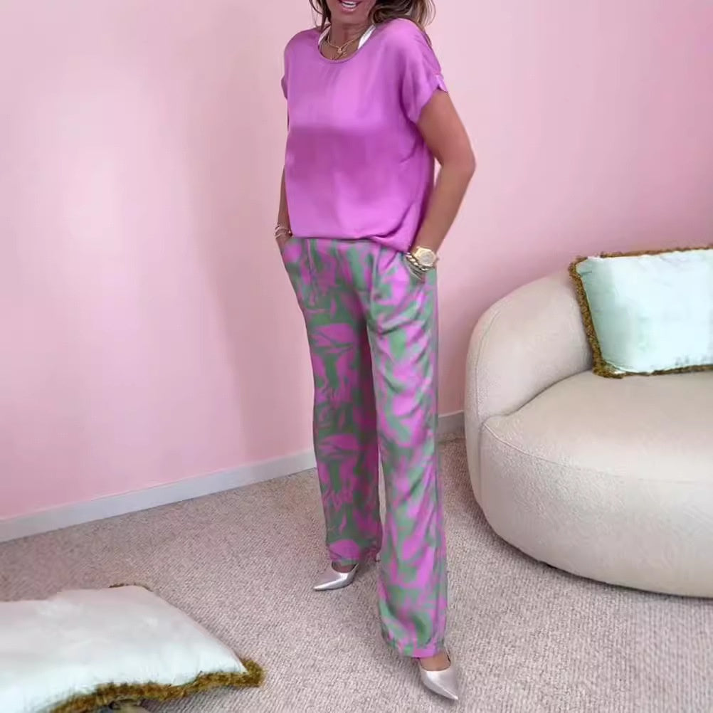 Malika - 2-Piece Set: Top &amp; Wide Printed Pants